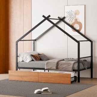 Kumix House Bed with Two Drawers, Twin Size Metal House Bed with Roof Frame and Slats Support for Kids Teens Adults, Heavy Duty House Bed for Bedroom, Dorm, No Box Spring Needed, Black