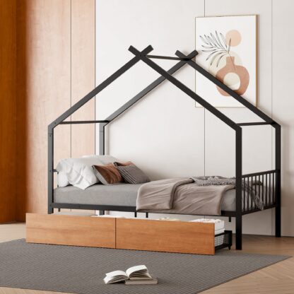 Kumix House Bed with Two Drawers, Twin Size Metal House Bed with Roof Frame and Slats Support for Kids Teens Adults, Heavy Duty House Bed for Bedroom, Dorm, No Box Spring Needed, Black