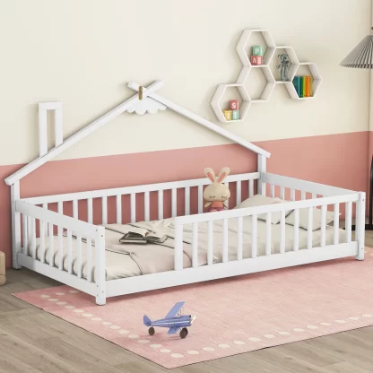 Kumix Toddler Floor Bed Twin Size with House-Shaped Bedside, Semi-Fence Guardrails, Slats, Wooden Twin House Floor Bed for Kids Boys/Girls, Montessori Floor Bed Frame, No Box Spring Needed, White