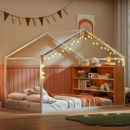 Kumix House Floor Bed with Shelves and Lights, Full Size Metal Floor Bed Frame with Slats Support and Roof for Kids Teens Boys and Girls, Low Floor Bed for Bedroom, Noise-Free, White