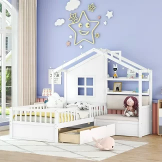 Kumix Platform Bed with Sofa, Twin Size Kids Platform Bed with Two Drawers and Storage Shelf for Boys and Girls, Wooden House Platform Bed Frame for Bedroom, 2 in 1 Platform Beds, Noise-Free, White