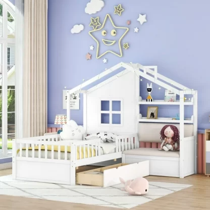 Kumix Platform Bed with Sofa, Twin Size Kids Platform Bed with Two Drawers and Storage Shelf for Boys and Girls, Wooden House Platform Bed Frame for Bedroom, 2 in 1 Platform Beds, Noise-Free, White