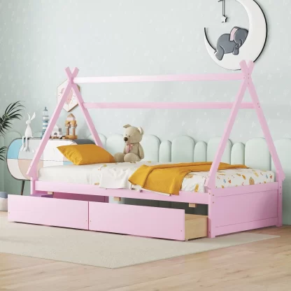 Kumix Platform Bed with Two Drawers, Wooden Twin Size Tent Platform Bed with Triangular Structure for Kids Teens Adults, Heavy Duty Platform Bed for Bedroom, Noise-Free, Easy Assembly, Pink