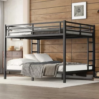 Kumix Bunk Bed Queen over Queen, Metal Bunk Bed with Full-Length Guardrail and 2 Build-in Ladders, Under Bed Space for Kids Teens Adults, Space-Saving/Noise Reduced/No Box Spring Needed, Black