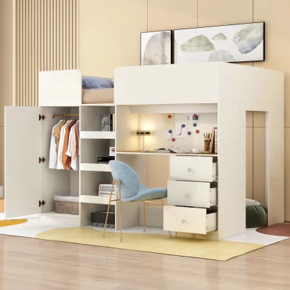 Kumix Loft Bed with Desk, Wood Loft Bed Full Size with Built-in Wardrobe Storage, Shelves and Drawers for Kids Teens Adults, Heavy Duty Loft Bed Frame for Bedroom, Noise-Free, Easy Assembly, White