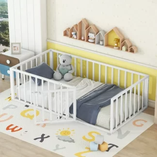 Kumix Floor Bed Twin Size, Metal Floor Bed with Fence and Door for Kids 1-3, Toddler Floor Bed with Safety Guardrail for Bedroom, Playroom, No Box Spring Needed, Easy Assembly, White