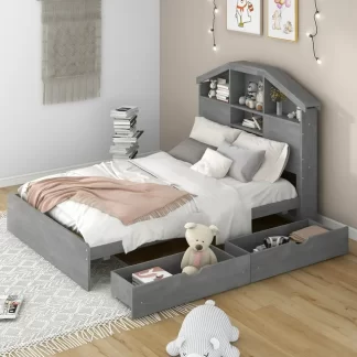 Kumix Platform Bed with House-shaped Storage Headboard and 2 Drawers, Wooden Platform Bed Full Size with Slats Support for Kids Teens Adults, Heavy Duty Platform Bed for Bedroom, Gray
