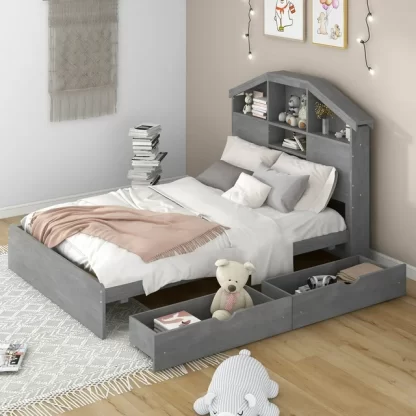 Kumix Platform Bed with House-shaped Storage Headboard and 2 Drawers, Wooden Platform Bed Full Size with Slats Support for Kids Teens Adults, Heavy Duty Platform Bed for Bedroom, Gray