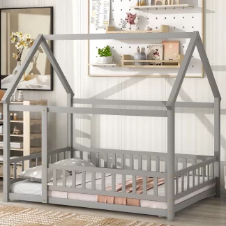 Kumix Floor Bed with House Roof Frame, Fence Guardrails, Wooden Full Size Floor Bed without Slats, Toddler Floor Bed Frame for Kids Boys/Girls, Full Floor Beds Noise-Free, Easy Assembly, Gray