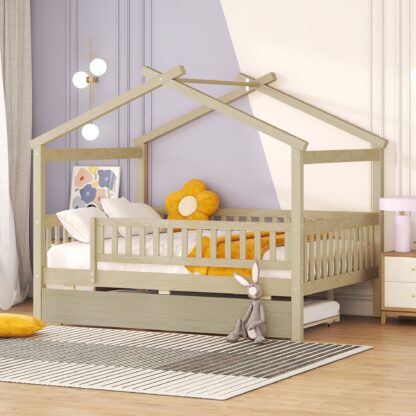 Kumix House Platform Bed with Twin Size Trundle, Full Size Wooden House Bed with Roof Frame and Fence Guardrail for Kids Teens Adults, Noise-Free Platform Bed for 2, Easy Assembly, Natural