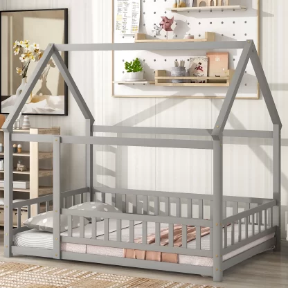 Kumix Floor Bed with House Roof Frame, Fence Guardrails, Wooden Full Size Floor Bed without Slats, Toddler Floor Bed Frame for Kids Boys/Girls, Full Floor Beds Noise-Free, Easy Assembly, Gray