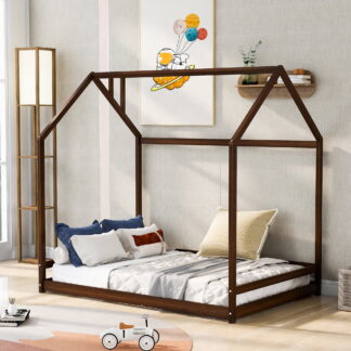 Kumix House Floor Bed, Wooden Full Size Floor Bed with Roof Frame for Kids Teens Boys and Girls, No Weight Capacity Limit, Heavy Duty Floor Bed for Bedroom, Dorm, No Box Spring Needed, Espresso