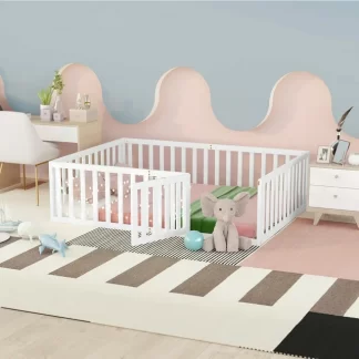 Kumix Full Floor Bed for Kids with Fence and Door, Wood Floor Bed Frame for Toddler 1-3 Aged, Noise-Free Low Floor Bed for Bedroom, Dorm, No Weight Capacity Limit, Easy Assembly, White