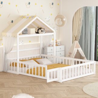 Kumix Wooden Floor Bed with Fence Railings and Detachable House Shape Headboard, Full Size Bed with Kids Dress Up Rack, Kids Montessori Style Playhouse Frame for Girls Boys, Noise-Free, White