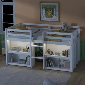 Kumix Low Loft Bed with Two-Tier Shelves and LED Light, Twin Size Loft Bed with Full Length Guardrail and Ladder, Wooden Loft Bed Frame for Kids Teens Adults, Noise-Free, Easy Assembly, White