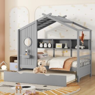 Kumix Platform Bed with Trundle, Wooden Twin Size Platform Bed Modern Design for Kids with Storage Shelf, House Roof and Window with Storage Box, No Box Spring Needed, Easy Assembly, Gray