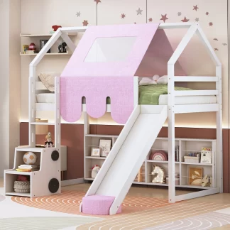 Kumix Loft Bed with Slide and Tent, Twin Size House Loft Bed with Car-Shaped Storage and 2 Tier Shelves, Wood Loft Bed with Safety Guardrail & Ladder for Kids Teens Boys Girls, Noise-Free, Pink