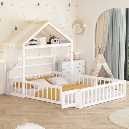 Kumix Wooden Floor Bed with Fence Railings and Detachable House Shape Headboard, Full Size Bed with Kids Dress Up Rack, Kids Montessori Style Playhouse Frame for Girls Boys, Noise-Free, White