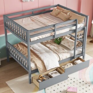 Kumix Bunk Bed with 2 Drawers, Rubber Wood Bunk Bed Full over Full with Full-Length Guardrail and Ladder for Kids Teens Adults, Bunk Bed Can Convertible into 2 Full Beds, Noise-Free, Gray