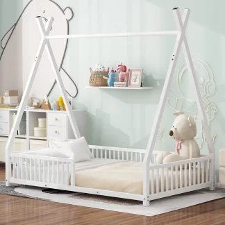 Kumix Floor Bed with Triangle Structure and Fence Guardrail, Twin Size House Platform Bed, Metal Tent Floor Bed for Kids Boys/Girls, Heavy Duty Floor Bed for Bedroom, Easy Assembly, White