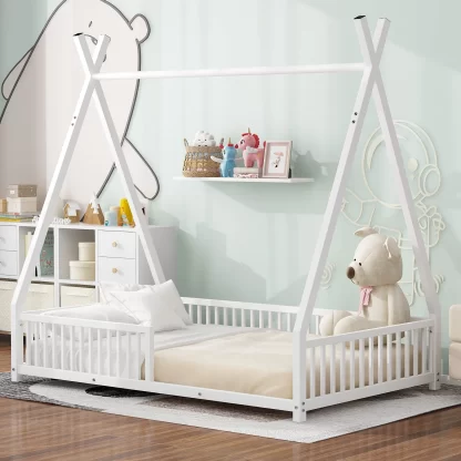 Kumix Floor Bed with Triangle Structure and Fence Guardrail, Twin Size House Platform Bed, Metal Tent Floor Bed for Kids Boys/Girls, Heavy Duty Floor Bed for Bedroom, Easy Assembly, White