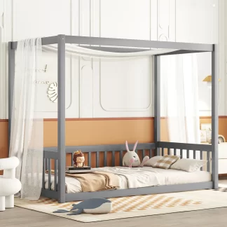 Kumix Canopy Frame Floor Bed with Fence Guardrails and a Roof Frame, Twin Floor Bed without Slats, Wood Toddler Floor Bed for Kids Boys & Girls, No Box Spring Needed, Noise-Free, Gray