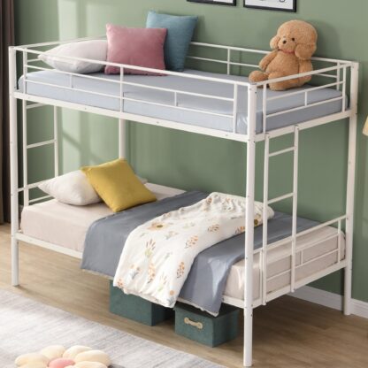 Kumix Bunk Bed Twin over Twin, Metal Bunk Bed with Full-Length Guardrail and Build-in Ladder for Kids Teens Adults, Heavy Duty Bunk Bed Frame for Bedroom, Dorm, Guests' Room, Easy Assembly, White