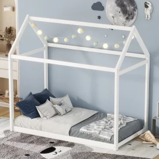 Kumix Floor Bed with House Roof and 7 Slats Support, Twin Size Wooden Floor Bed for Kids Toddlers 1-3 Aged, Heavy Duty House Bed Frame for Bedroom, Dorm, No Box Spring Needed, White