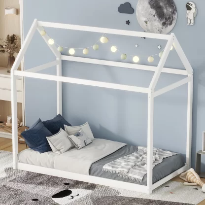 Kumix Floor Bed with House Roof and 7 Slats Support, Twin Size Wooden Floor Bed for Kids Toddlers 1-3 Aged, Heavy Duty House Bed Frame for Bedroom, Dorm, No Box Spring Needed, White