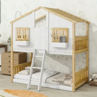 Kumix Twin over Twin House Bunk Bed with Roof, 2 Windows with Window Boxes, Door, Wood Bunk Bed with Safety Guardrails and Ladder for Kids Teens Boys/Girls, No Box Spring Needed, Natural