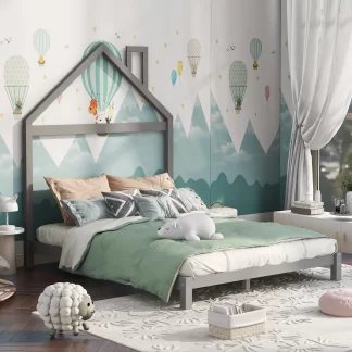 Kumix Platform Bed with House-shaped Headboard, Full Size Wood Platform Bed with Slats Support for Kids Teens Adults, Heavy Duty House Bed for Bedroom, Noise-Free, Easy Assembly, Gray