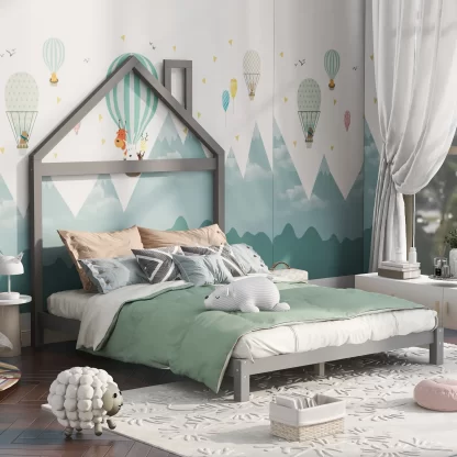 Kumix Platform Bed with House-shaped Headboard, Full Size Wood Platform Bed with Slats Support for Kids Teens Adults, Heavy Duty House Bed for Bedroom, Noise-Free, Easy Assembly, Gray