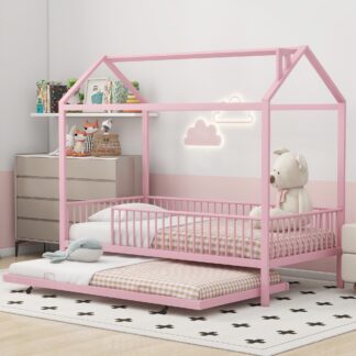 Kumix House Bed with Trundle, Twin Size Metal House Bed and Fence Guardrail for Kids Teens Adults, Heavy Duty House Beds for Bedroom, Dorm, No Box Spring Needed, Noise-Free, Easy Assembly, Pink