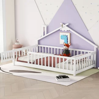 Kumix Wooden Floor Bed with House-Shaped Frame, Fence Guardrails, Slats Support, Door, Twin Toddler Floor Bed for Kids Boys/Girls, No Box Spring Needed, Noise-Free, Easy Assembly, White