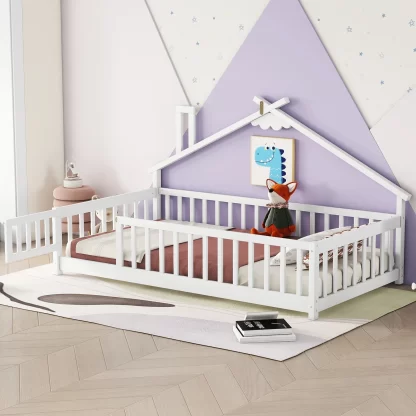 Kumix Wooden Floor Bed with House-Shaped Frame, Fence Guardrails, Slats Support, Door, Twin Toddler Floor Bed for Kids Boys/Girls, No Box Spring Needed, Noise-Free, Easy Assembly, White