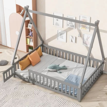 Kumix Floor Bed with Fence Guardrails, Full Tent-shaped Floor Bed for Kids Boys/Girls, Wood Floor Bed Frame for Toddler 1-3, Low Floor Bed Slat Support, Easy Assembly, Noise-Free, Gray