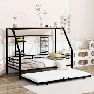 Kumix Platform Bed with Trundle, Shelves and Grid, Twin Size Metal Platform Bed with 3-Sided Guardrail for Kids Teens Guests, 2 in 1 Platform Bed for Bedroom, Guests' Room, Noise-Free, Black