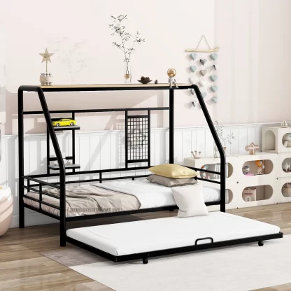 Kumix Platform Bed with Trundle, Shelves and Grid, Twin Size Metal Platform Bed with 3-Sided Guardrail for Kids Teens Guests, 2 in 1 Platform Bed for Bedroom, Guests' Room, Noise-Free, Black