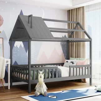 Kumix House Platform Bed with Fence and Roof Frame, Twin Size Wood Platform Bed with Under Bed Space for Kids Teens Boys & Girls, Heavy Duty House Bed for Bedroom, Noise-Free, Gray