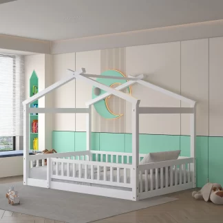 Kumix Floor Bed with Roof, Fence Guardrail, Wooden Full Size House Bed with Slats Support for Kids Teens, Girls, Boys, Toddler Floor Bed for Bedroom, No Box Spring Needed, Easy Assembly, White