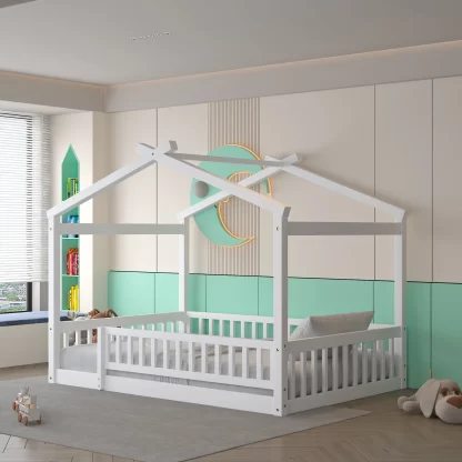 Kumix Floor Bed with Roof, Fence Guardrail, Wooden Full Size House Bed with Slats Support for Kids Teens, Girls, Boys, Toddler Floor Bed for Bedroom, No Box Spring Needed, Easy Assembly, White