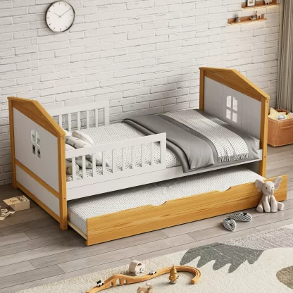 Kumix Floor Bed with Drawers and Safety Fence Guardrails Bed, Wood Twin Size Toddler Floor Bed for Girls Boys, No Box Spring Needed, Noise-Free, Easy Assembly, Walnut and White