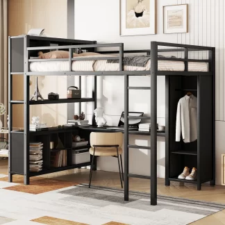 Kumix Loft Bed with Wardrobe and L-shaped Desk, Metal Loft Bed Full Size with Storage Cubes and Shelves, Heavy Duty Loft Bed Frame for Kids Teens Adults, Noise-Free, Easy Assembly, Black