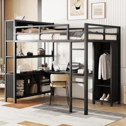 Kumix Loft Bed with Wardrobe and L-shaped Desk, Metal Loft Bed Full Size with Storage Cubes and Shelves, Heavy Duty Loft Bed Frame for Kids Teens Adults, Noise-Free, Easy Assembly, Black