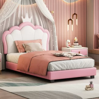 Kumix Platform Bed with Crown Headboard, Upholstered Princess Bed Twin Size with Headboard and Footboard, 10 Slats Support for Kids Boys & Girls, Noise-Free Platform Bed for Bedroom, White+Pink