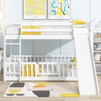 Kumix Bunk Bed with Slide, Fence Guardrails, Solid Pine Wood Bunk Bed Twin over Twin with Ladder and Door for Kids Teens Adults, Heavy Duty Bunk Bed for 2, Noise-Free, No Box Spring Needed, White
