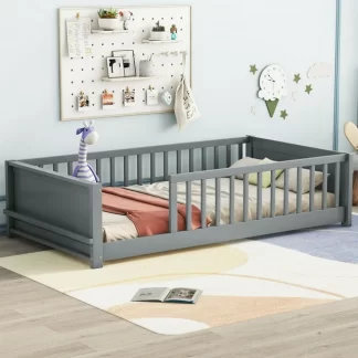 Kumix Floor Bed with Built-in Book Storage Rack, Fence Guardrail, Twin Size Wood Floor Bed for Toddlers 1-3, Montessori Floor Bed for Kids Boys & Girls, Twin Floor Beds, Easy Assembly, Gray