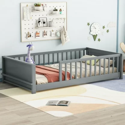 Kumix Floor Bed with Built-in Book Storage Rack, Fence Guardrail, Twin Size Wood Floor Bed for Toddlers 1-3, Montessori Floor Bed for Kids Boys & Girls, Twin Floor Beds, Easy Assembly, Gray
