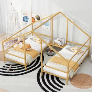 Kumix Platform Beds with Built-in Table, Metal Triangular House Platform Bed Twin Size with Slats Support and Roof for Kids Teens Adults, Two Shared Platform Bed for 2, Noise-Free, Gold