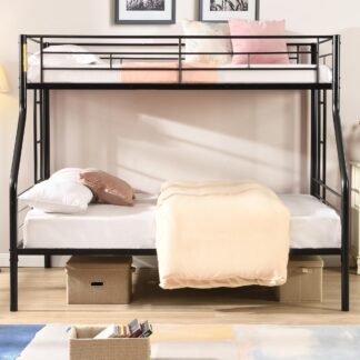 Kumix Bunk Beds Twin over Full Size, Metal Bunk Bed with Full-Length Guardrail and Build-in Ladder for Kids Teens Adults, Noise-Free Bunk Bed Frame for Bedroom, Under Bed Space, Black